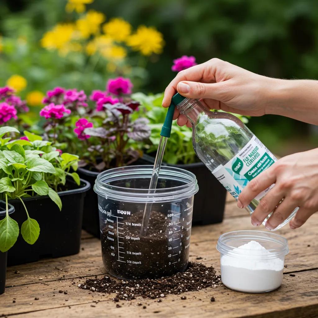 Gardener using common household items like vinegar and baking soda to test soil pH, demonstrating simple home testing methods