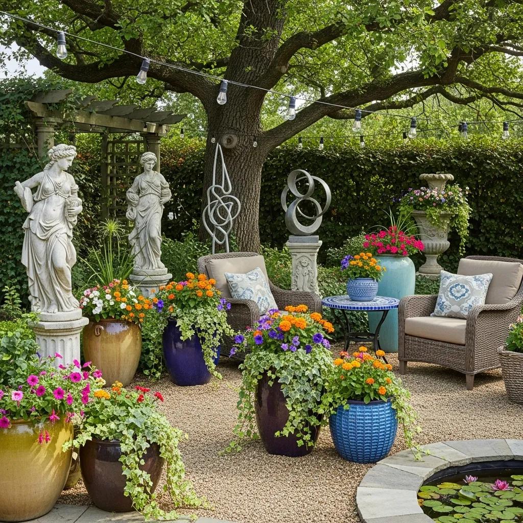 Vibrant outdoor space with unique home decor including garden statues and patio lighting
