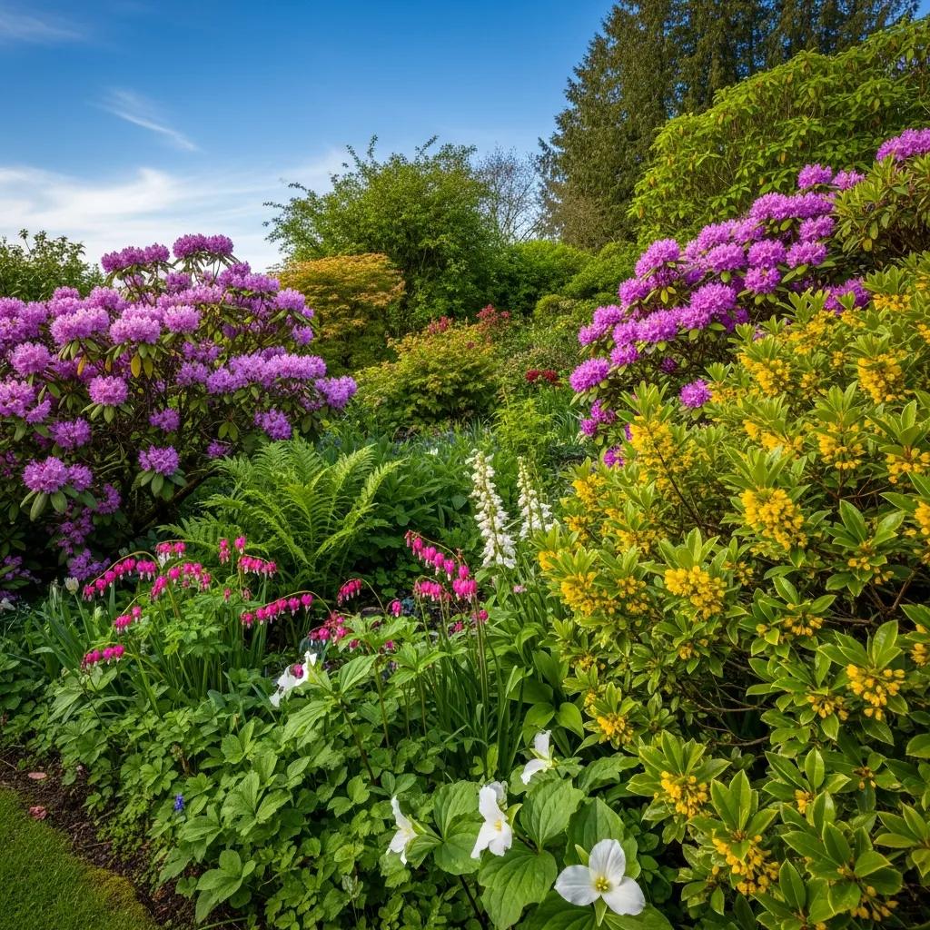 Vibrant spring garden in the Pacific Northwest with blooming native flowers