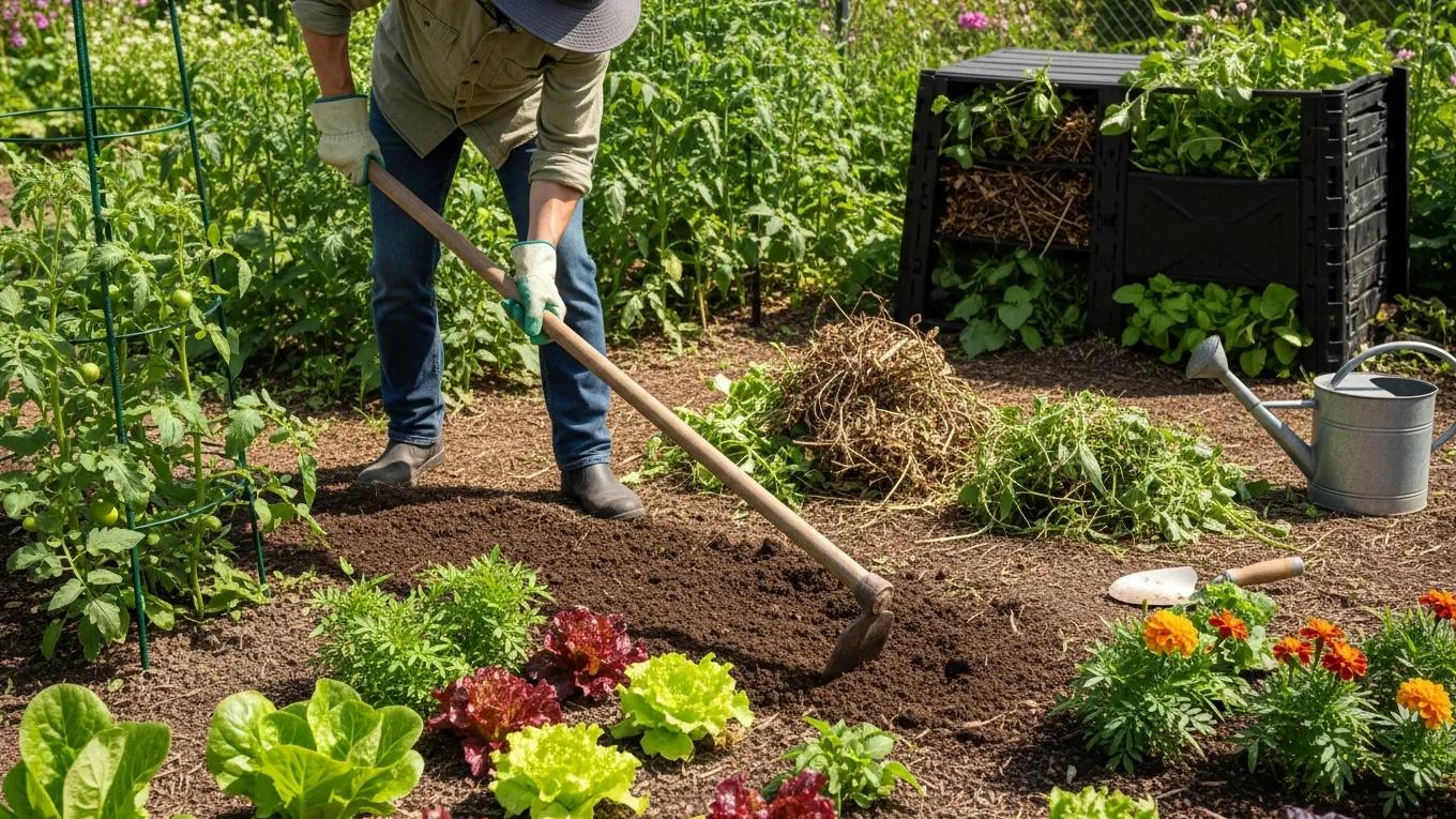 Gardener cleaning garden bed by removing debris and weeds